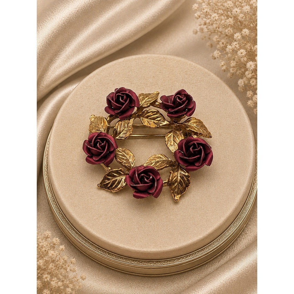 Vintage Gold Tone Burgundy Rose Wreath Brooch Pin Floral Unsigned 1.5"